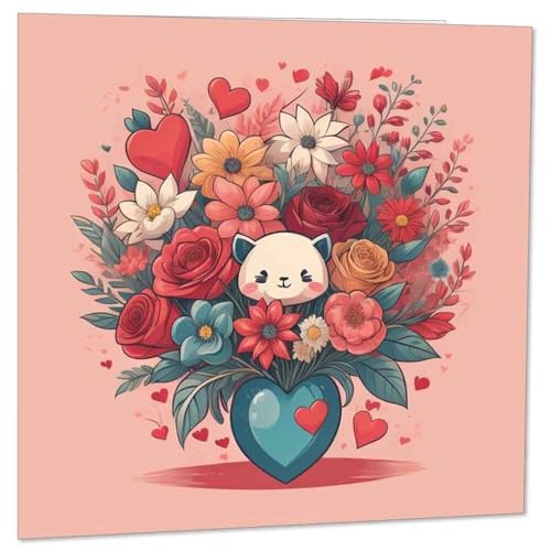 Cat Flowers Card Cute Anniversary Roses Valentines Day Cards 145mm x 145mm