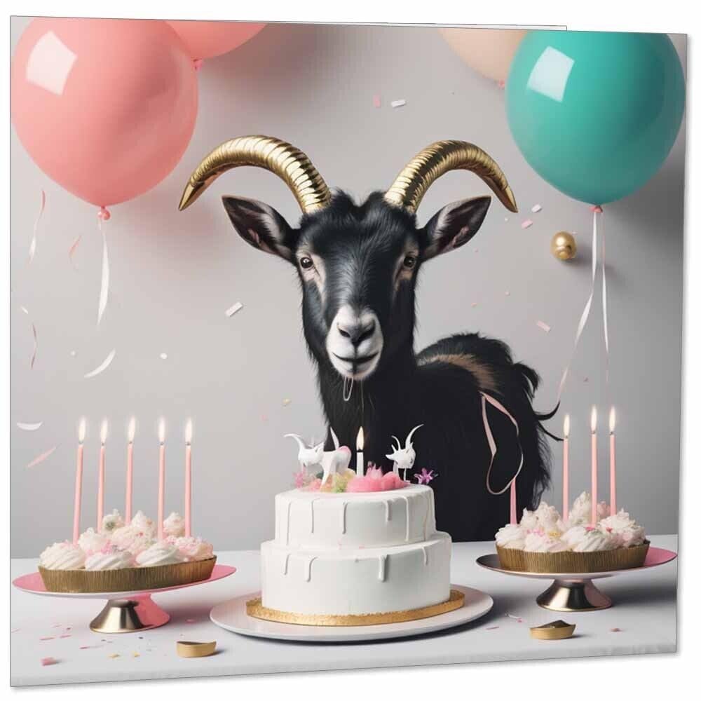Goat Birthday Card Black Goat with Cake Card 145mm x 145mm