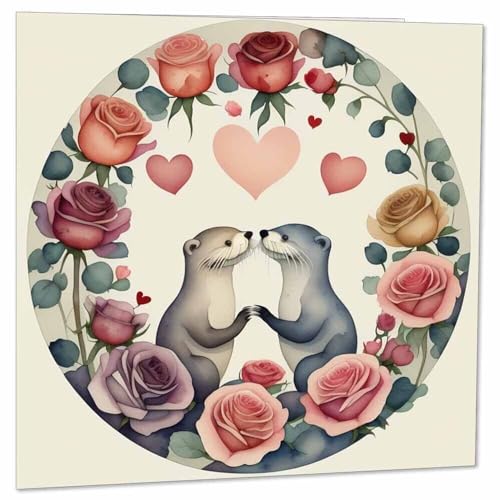 Love Otters - Roses Cute Anniversary Valentines Otter Card - 145mm x 145mm