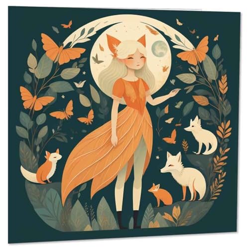 Woodland Fairy Girl With Foxes Animals Cute Greeting Card 145mm x 145mm