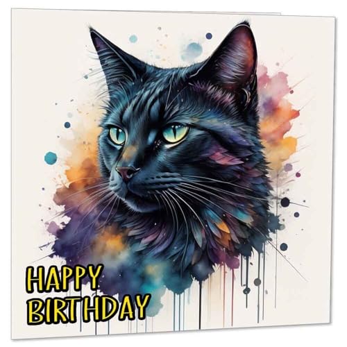 Watercolour Black Cat Happy Birthday Card 145 x 145mm