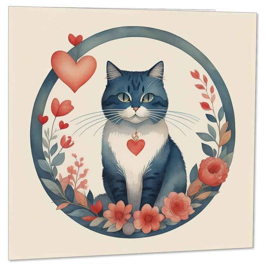 Cat Valentines Day Card Cat Hearts Floral Card Anniversary 145mm x 145mm