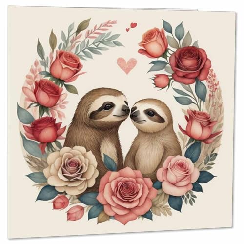 Sloth Anniversary Card - Cute Sloths Roses Valentines Cards 145mm x 145mm