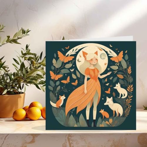 Woodland Fairy Girl With Foxes Animals Cute Greeting Card 145mm x 145mm