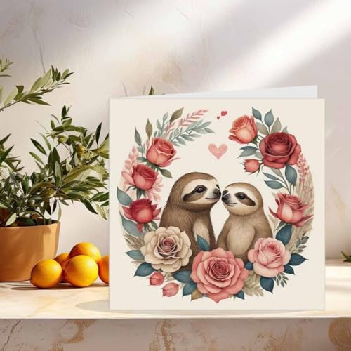 Sloth Anniversary Card - Cute Sloths Roses Valentines Cards 145mm x 145mm