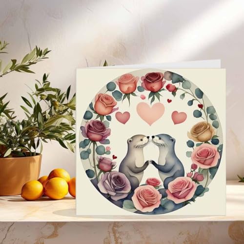 Love Otters - Roses Cute Anniversary Valentines Otter Card - 145mm x 145mm