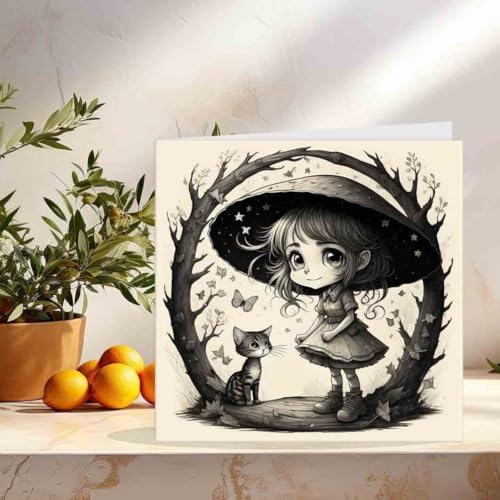 Toadstool Girl & Cat Greeting Card Cute Fantasy Design 145 x 145mm