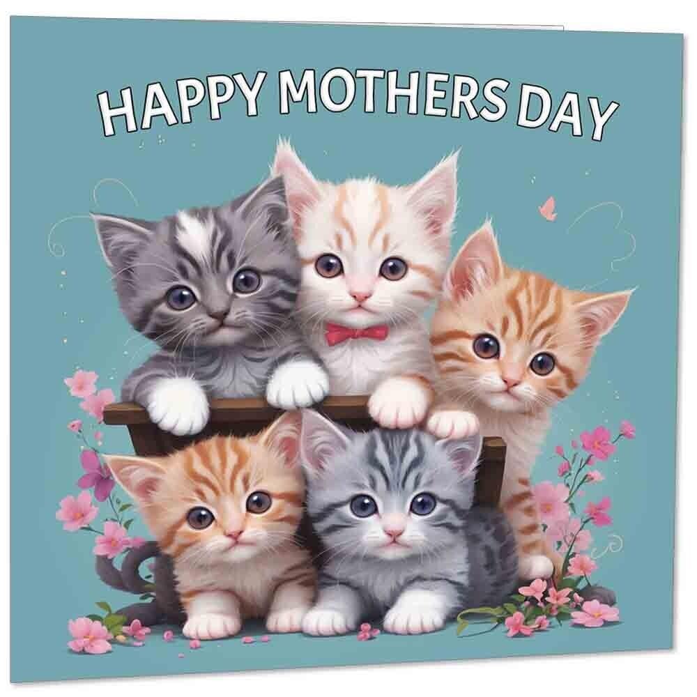 Mothers Day Card - Cute Cat Kittens Adorable Mum Mom 145mm x 145mm