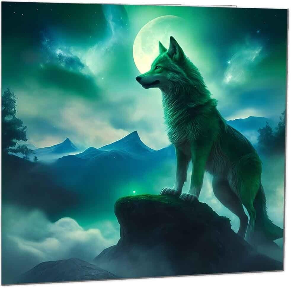 Stunning Wolf Greeting Card - Wolf Green moon greeting card 145 x 145mm