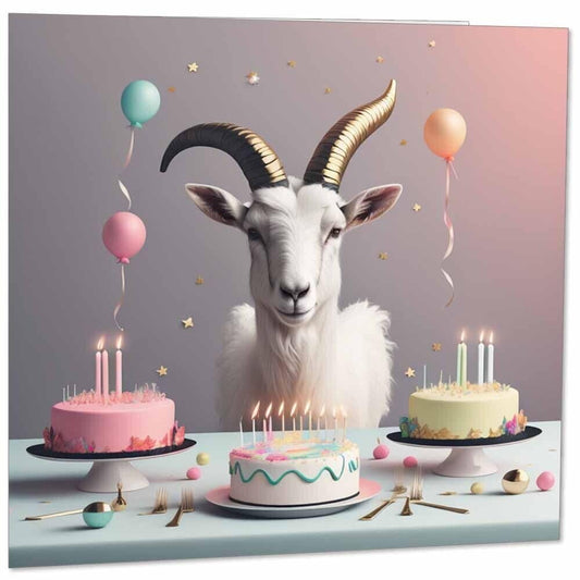 Goat Birthday Card White Goat with Cake Card 145mm x 145mm