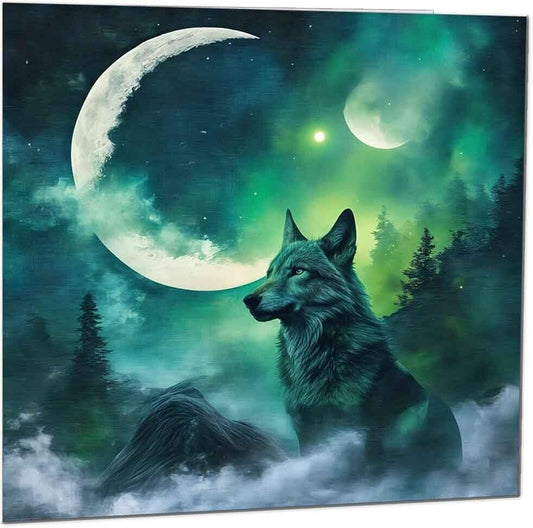 Wolf Moon Birthday Card - Green Wolf Moon Greeting Card 145 x 145mm