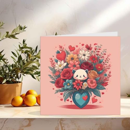 Cat Flowers Card Cute Anniversary Roses Valentines Day Cards 145mm x 145mm