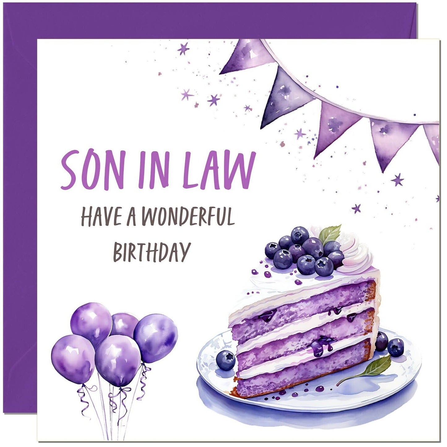 Birthday Card - Cake Balloons Purple