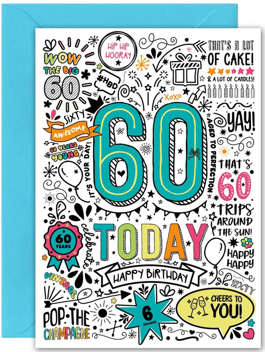 60th Birthday Card - Large A5 Size - Fun Birthday card for 60th bday