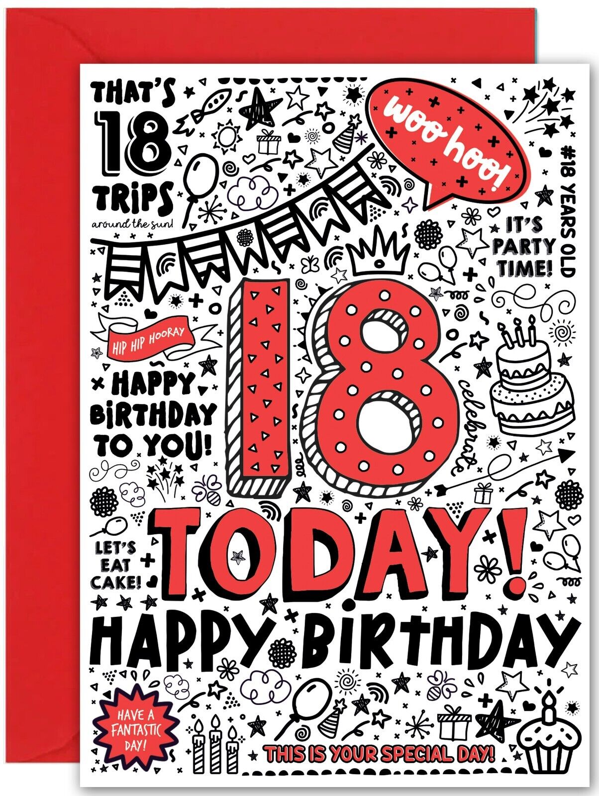 18th Birthday Card for Son Daughter - Large A5 Size - Red Fun eighteen bday card