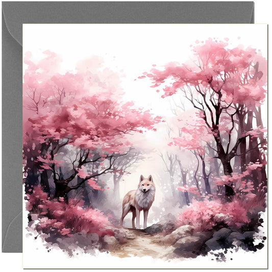Cherry Blossom Wolf Greeting Card - With Dark Grey Envelope