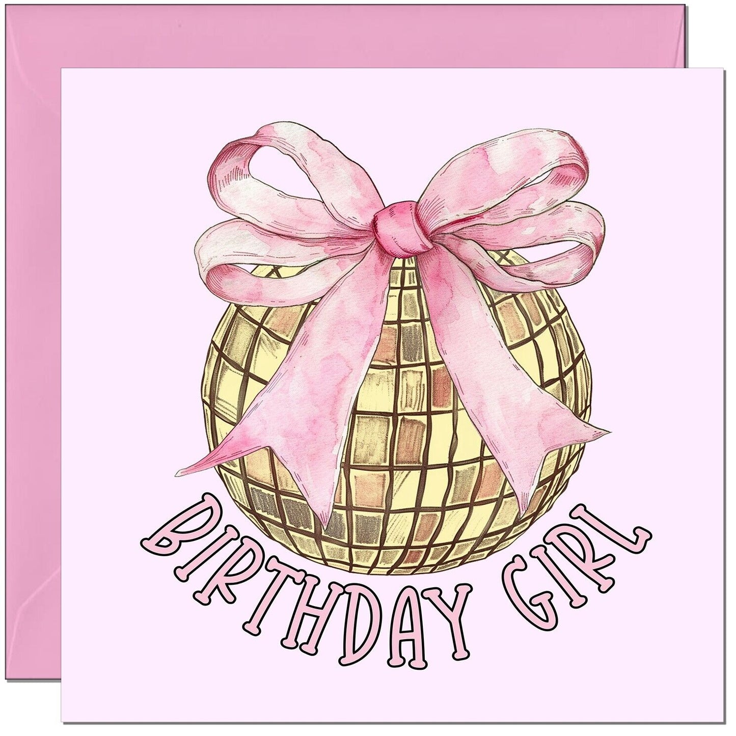 Girls Birthday Card for Women Ladies - Gold Glitterball pink bow - Birthday Card
