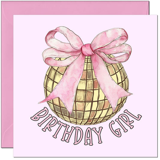 Girls Birthday Card for Women Ladies - Gold Glitterball pink bow - Birthday Card