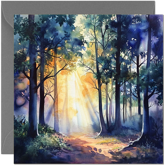 Beautiful Forest Woodland Sunrise Greeting Card - With Dark Grey Envelope