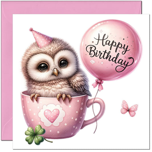 Cute Owl birthday Card - Pink Adorable Girls Birthday Card 145 x 145mm