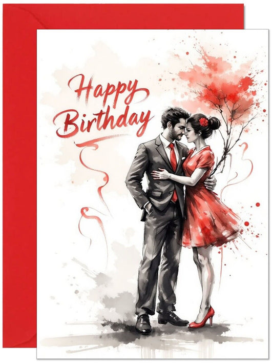 Birthday Card for Boyfriend Girlfriend - Black & Red Ink Style - Large A5 Size