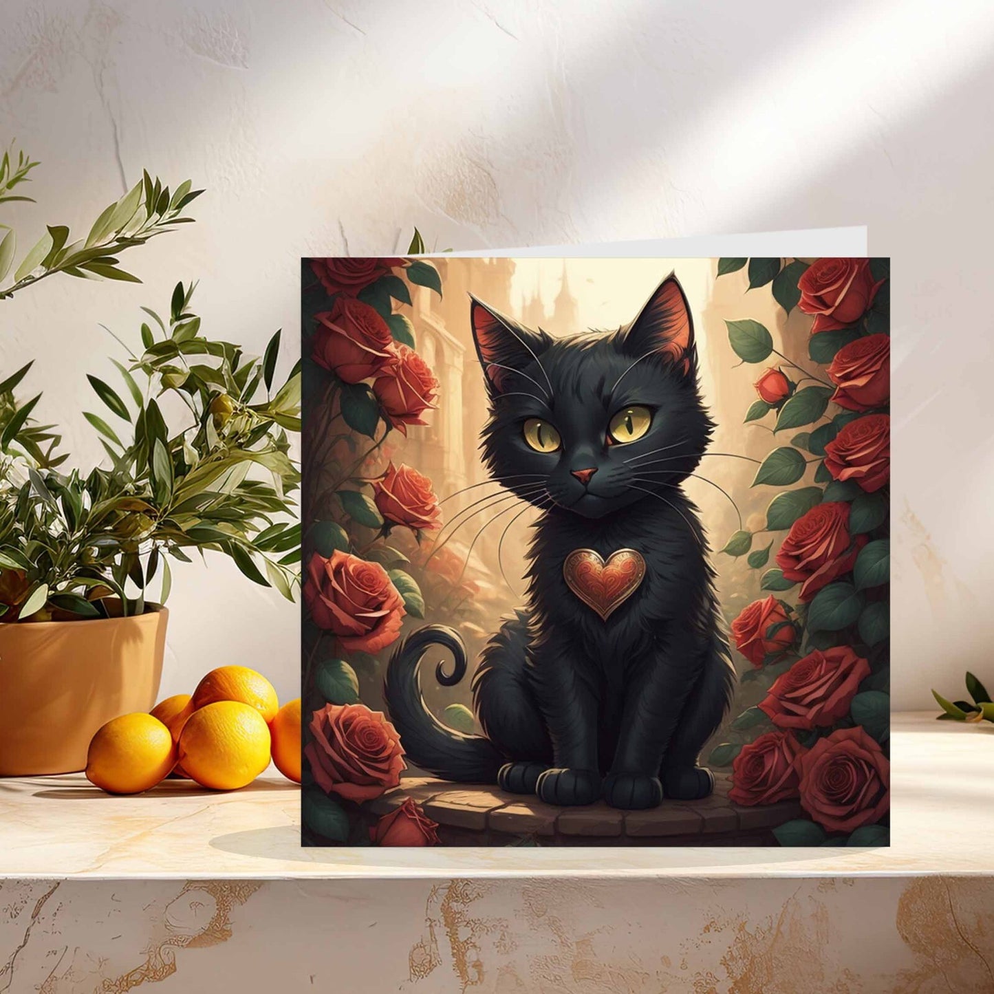 Black Cat Heart Valentines Card Roses Cute cat card 145mm x 145mm