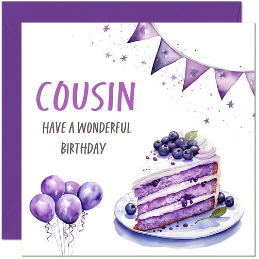 Birthday Card - Cake Balloons Purple