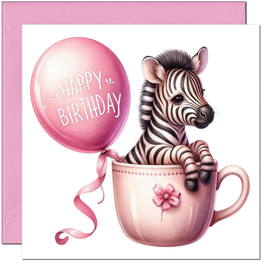 Cute Zebra birthday Card - Pink Adorable Girls Birthday Card 145 x 145mm