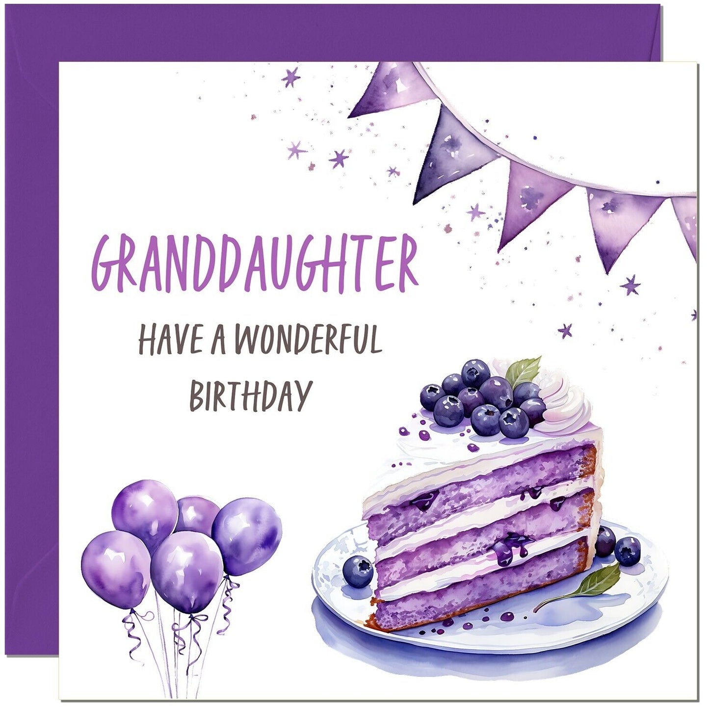 Birthday Card - Cake Balloons Purple