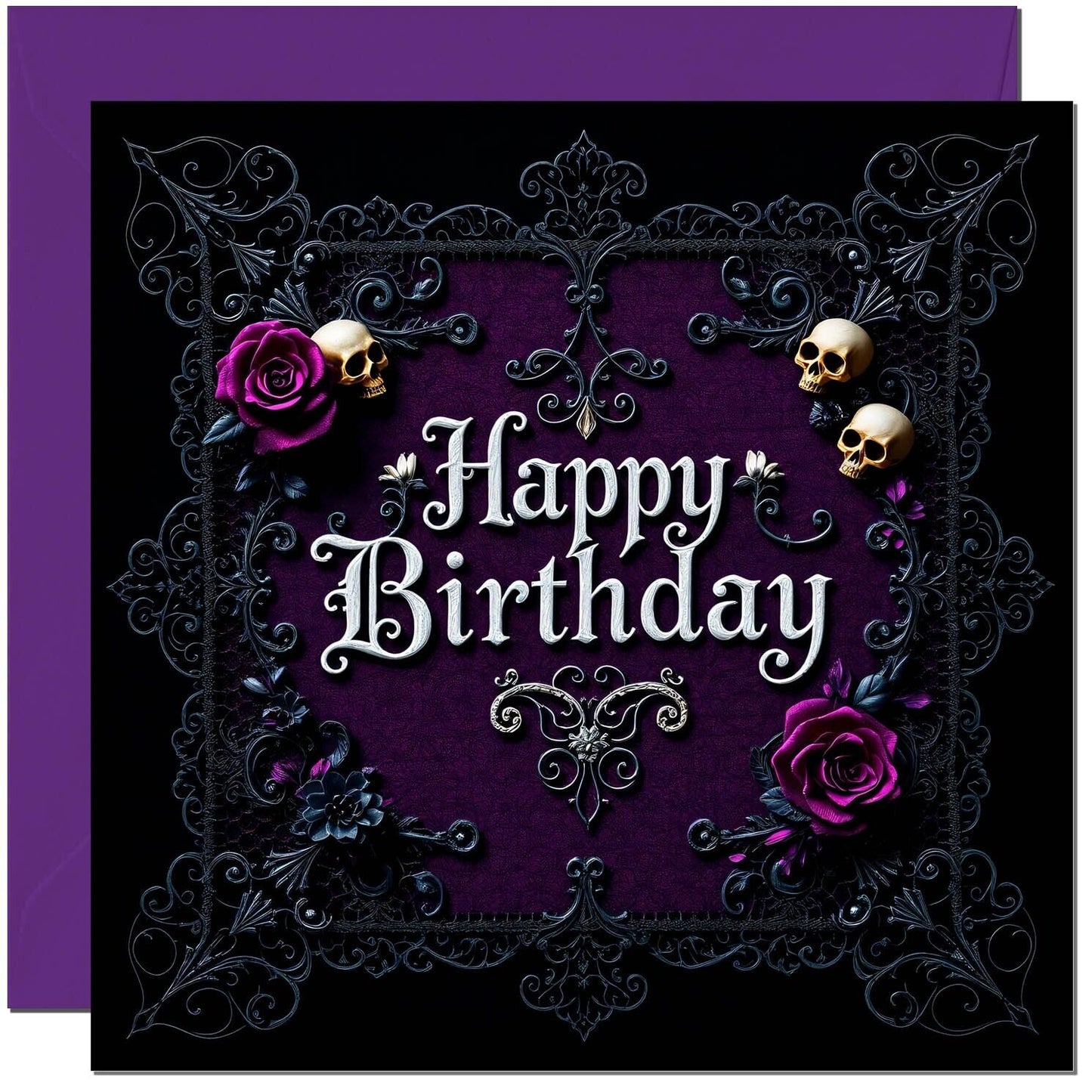 Gothic Birthday Card - Purple Rose Skull birthday card for men women goth teen