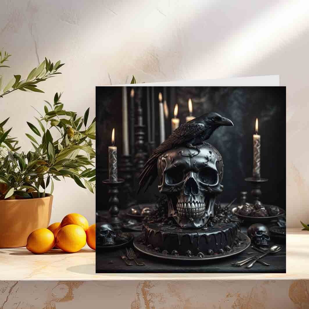 Black Gothic Birthday Cake Card Skull Raven Goth Birthday Card 145 x 145mm