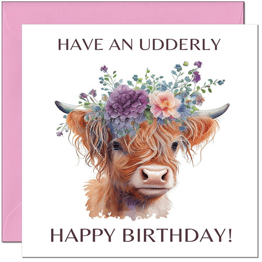 Funny Birthday Card - Highland Cow Pun Birthday Card for girls women cute floral