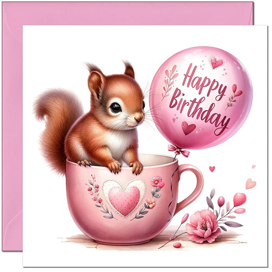 Cute Squirrel birthday Card - Pink Adorable Girls Birthday Card 145 x 145mm