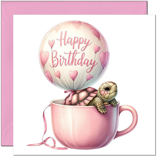 Cute Tortoise birthday Card - Pink Adorable Girls Birthday Card Turtle