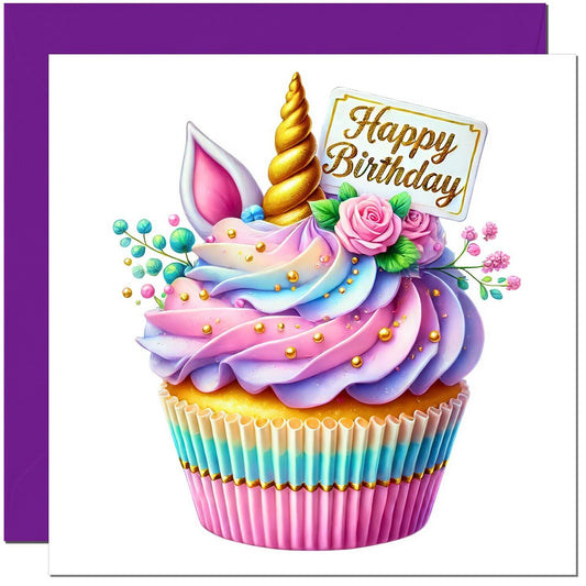 Unicorn Cupcake Birthday Card for Girls - Friend Daughter Niece Cousin Aunt