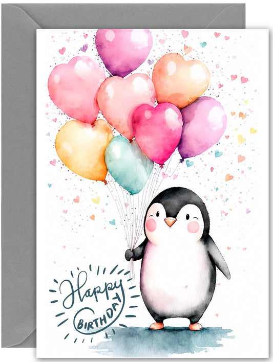 Cute Penguin Birthday Card - Large A5 Size - Comes With Grey Envelope