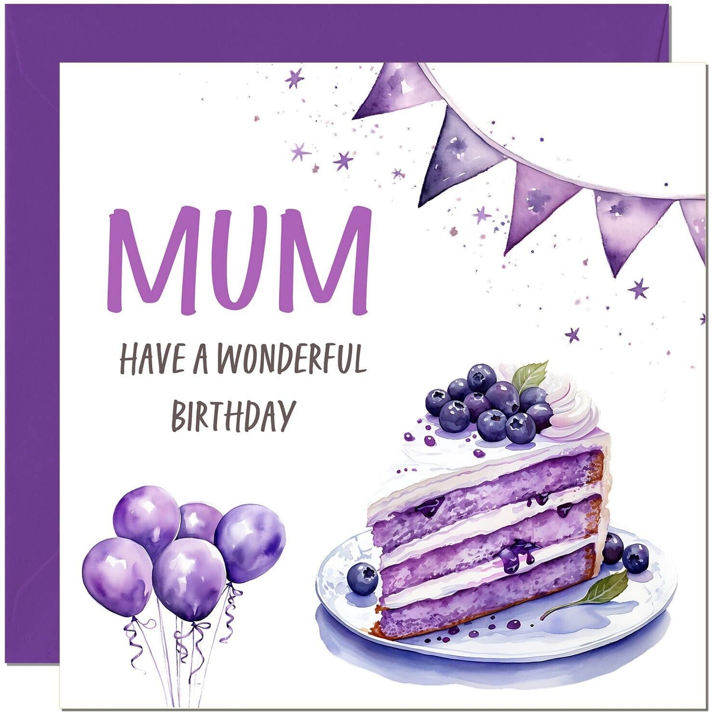 Birthday Card - Cake Balloons Purple