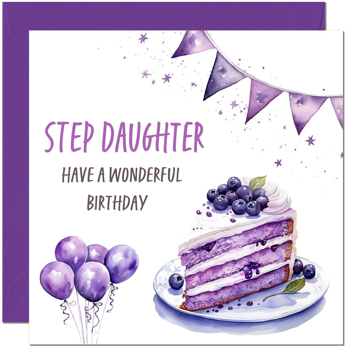 Birthday Card - Cake Balloons Purple
