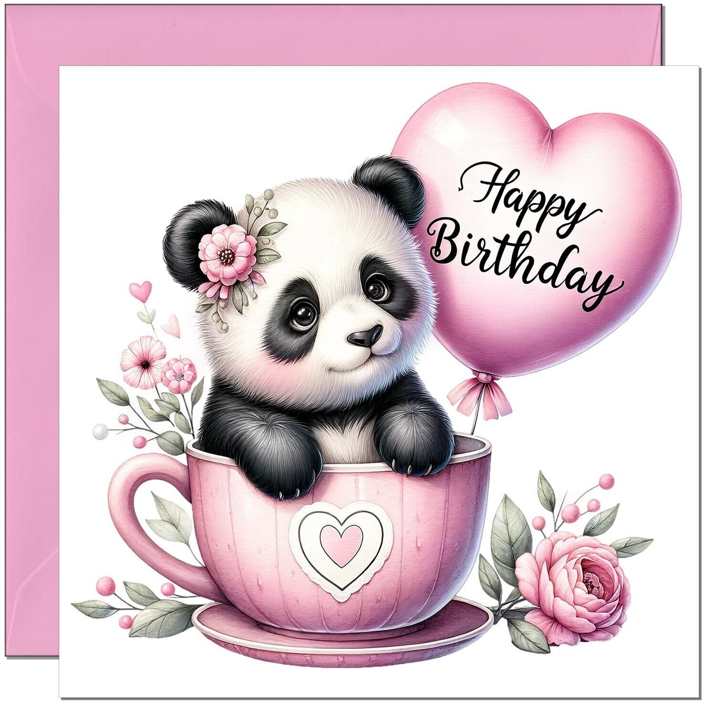 Cute Panda birthday Card - Pink Adorable Girls Birthday Card Girly 145 x 145mm