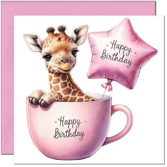 Cute Giraffe birthday Card - Pink Cute Girls Birthday Card 145 x 145mm
