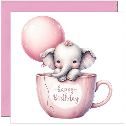 Cute Elephant birthday Card - Pink Adorable Girls Birthday Card 145 x 145mm