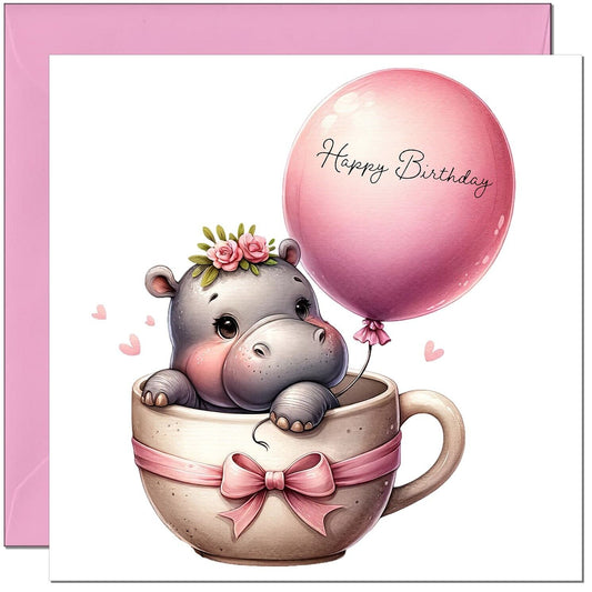 Cute Hippo birthday Card - Pink Adorable Girls Birthday Card 145 x 145mm