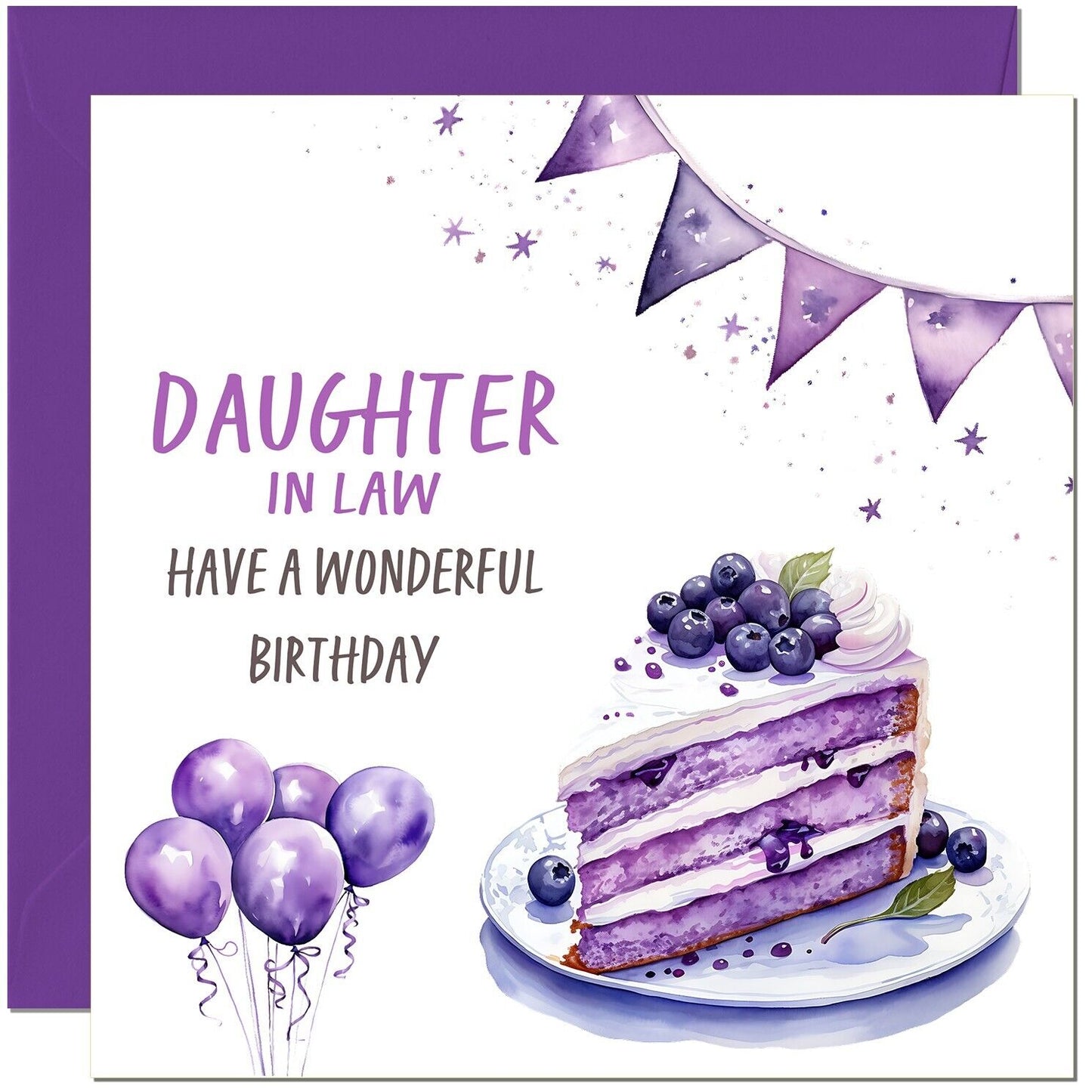 Birthday Card - Cake Balloons Purple