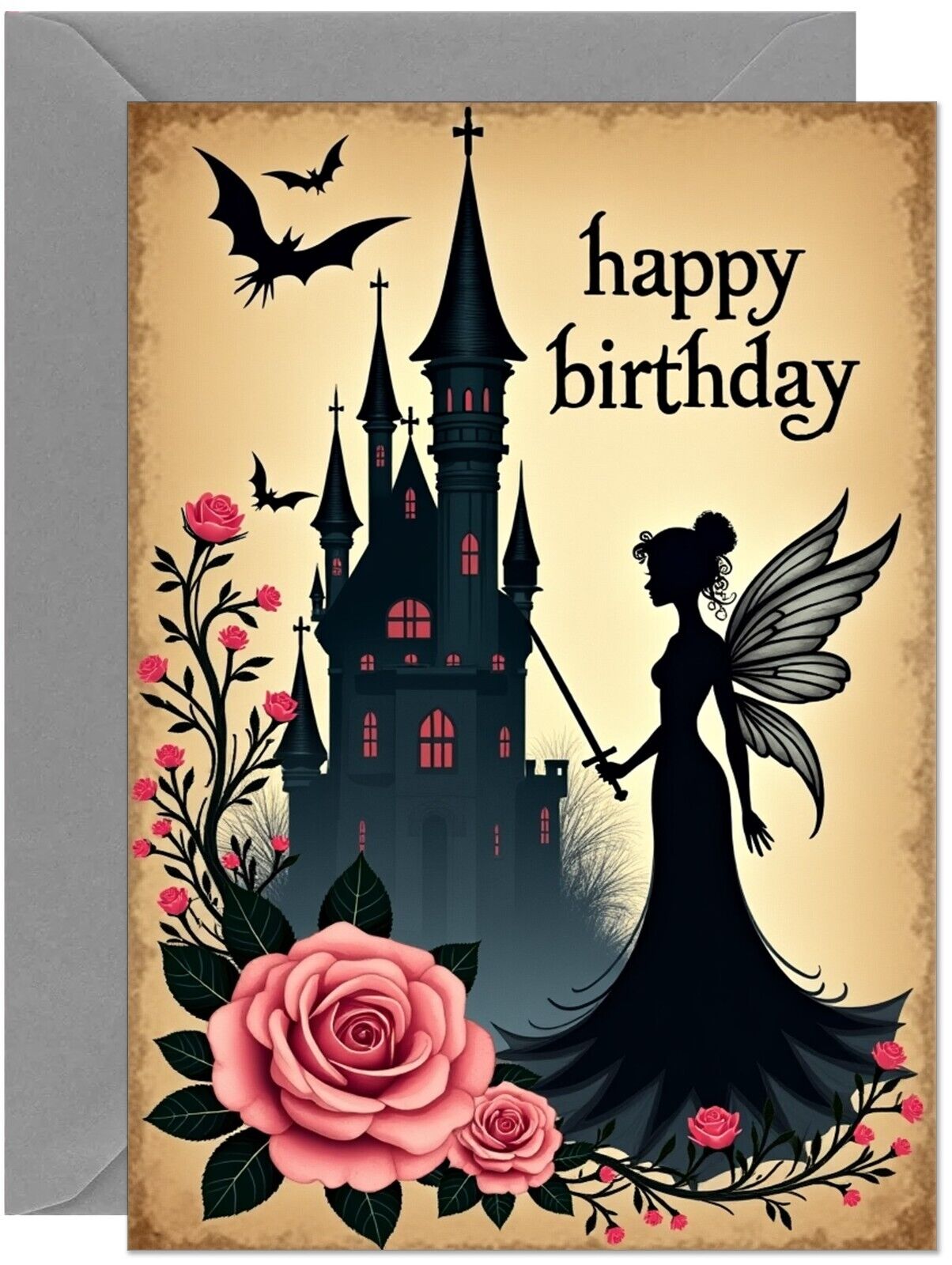 Gothic Birthday Card - Fairy Castle Rose Design - Large A5 Size