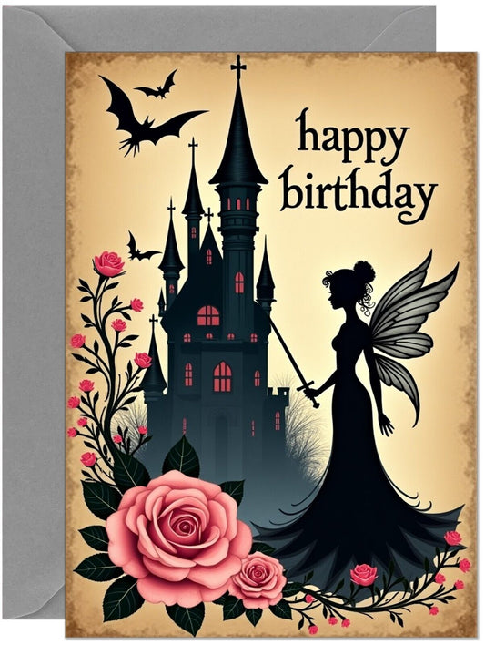 Gothic Birthday Card - Fairy Castle Rose Design - Large A5 Size