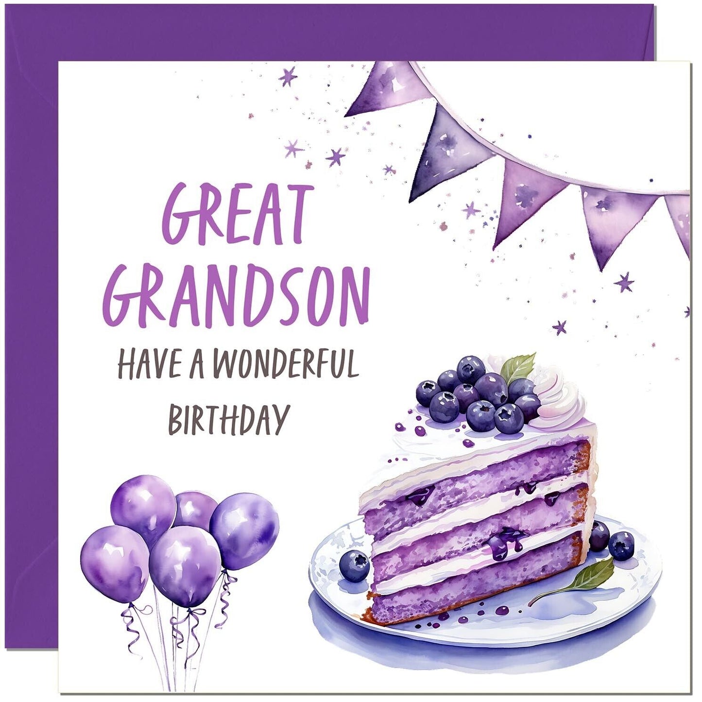 Birthday Card - Cake Balloons Purple