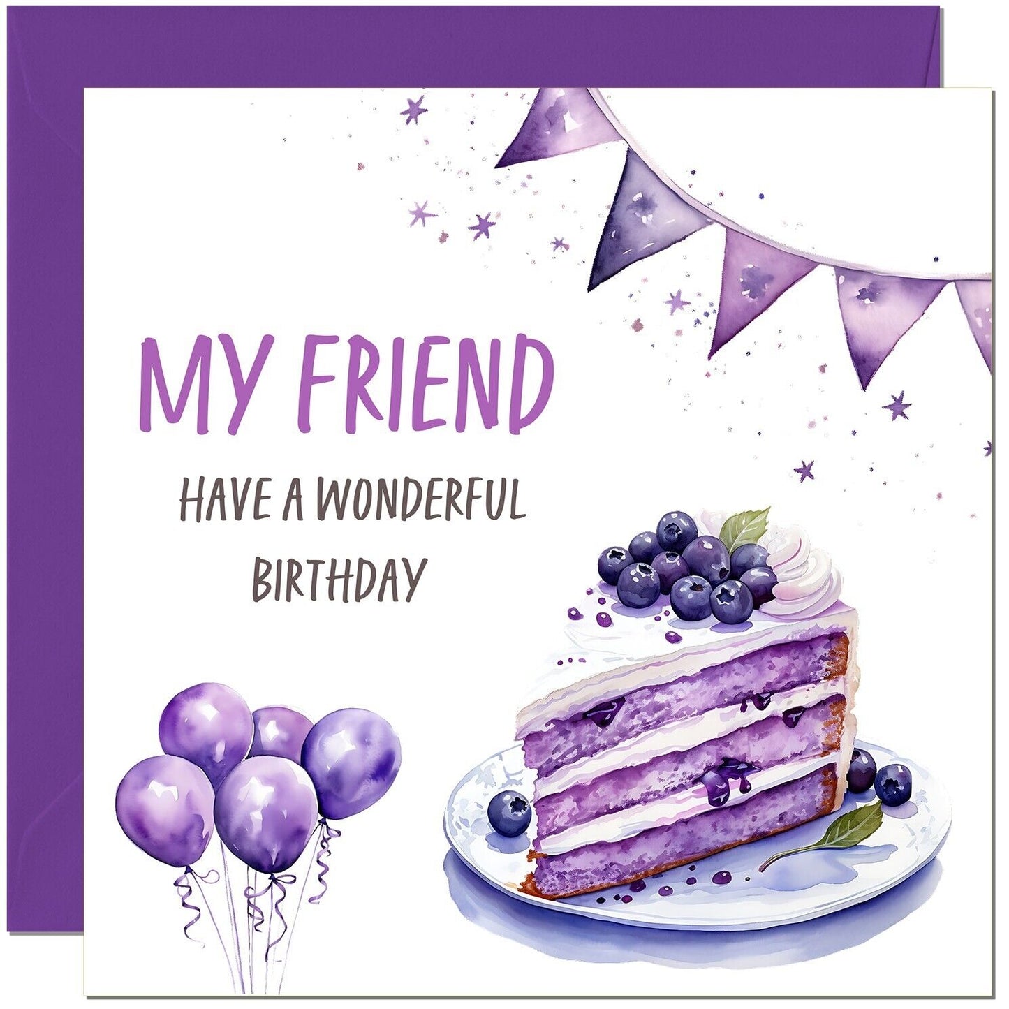 Birthday Card - Cake Balloons Purple