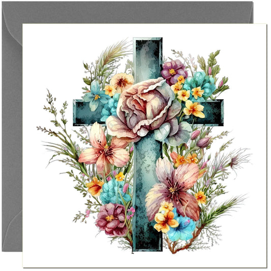Christian Greeting Card - Floral Cross - Christianity Card With Grey Envelope
