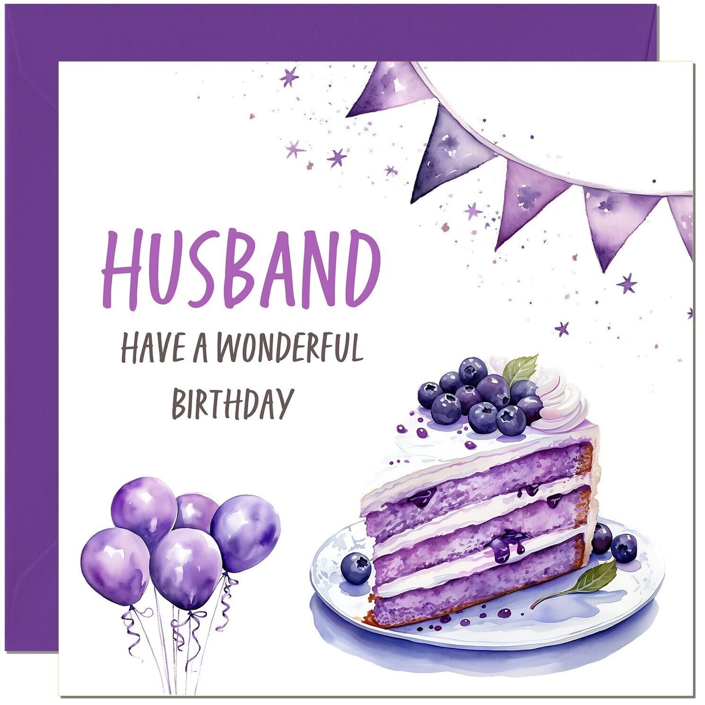 Birthday Card - Cake Balloons Purple