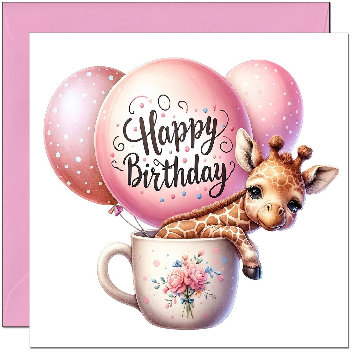 Cute Giraffe birthday Card - Pink Adorable Girls Birthday Card 145 x 145mm